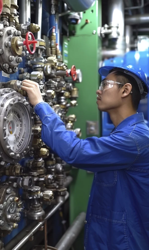 Industrial worker inspecting valves and gauges on a piping system.